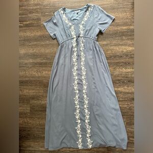 Boho Floral Blue and White Embroidered Maxi Dress Size M